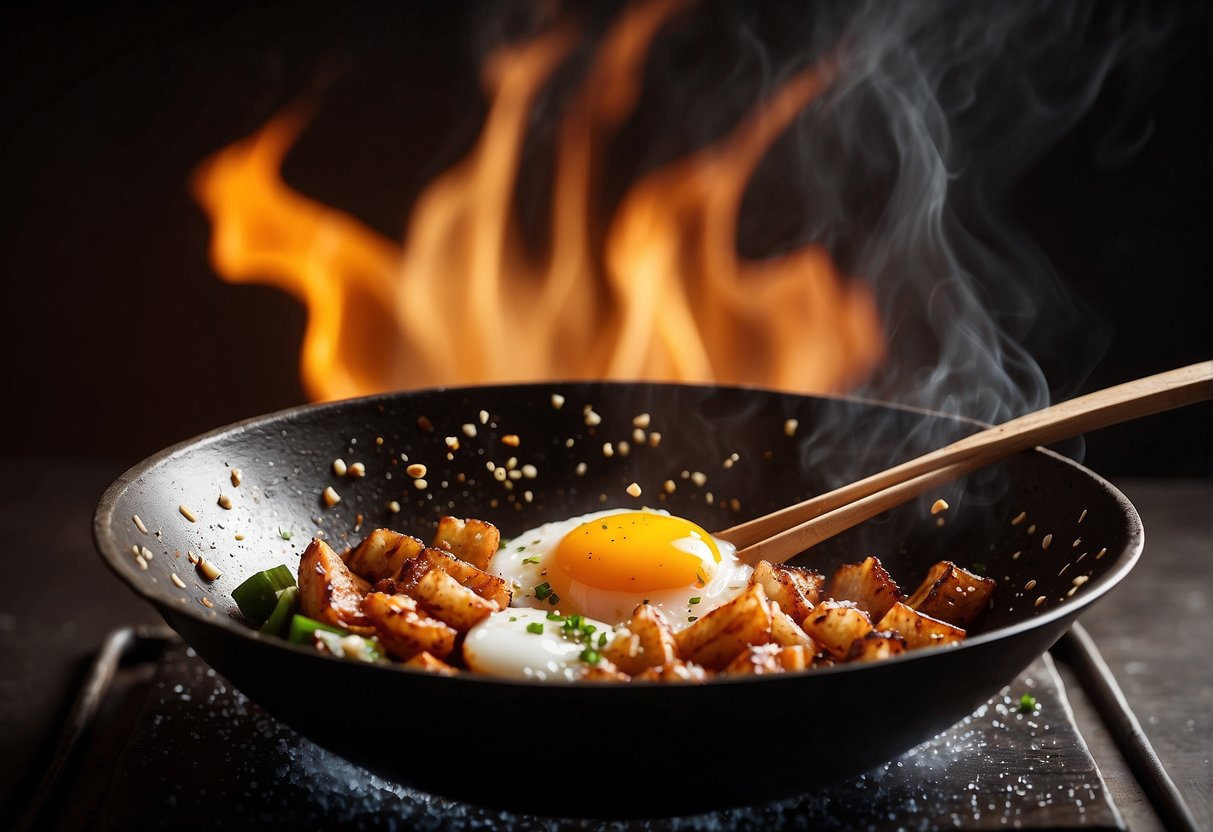A sizzling wok with crackling oil, a cracked egg dropping in, and a sprinkle of salt and pepper