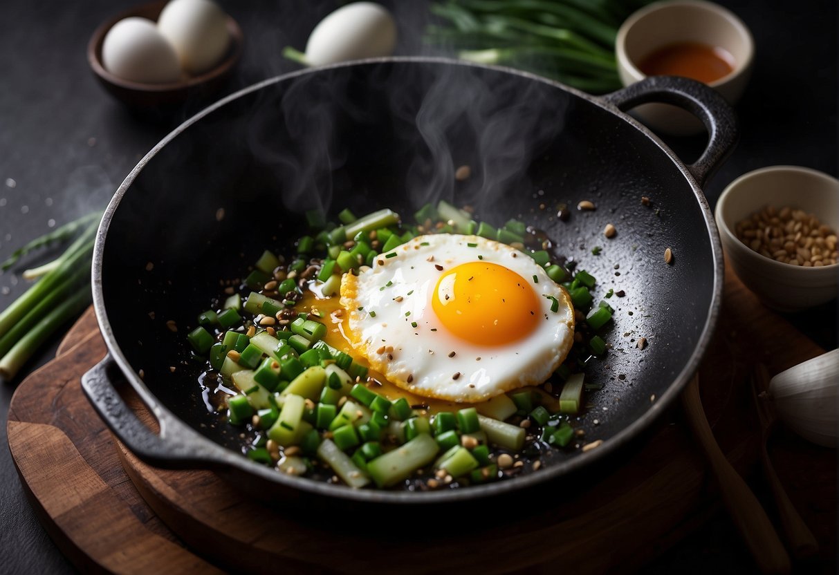 A sizzling pan with a cracked egg frying in hot oil, surrounded by chopped scallions and sizzling garlic, with a pair of chopsticks nearby