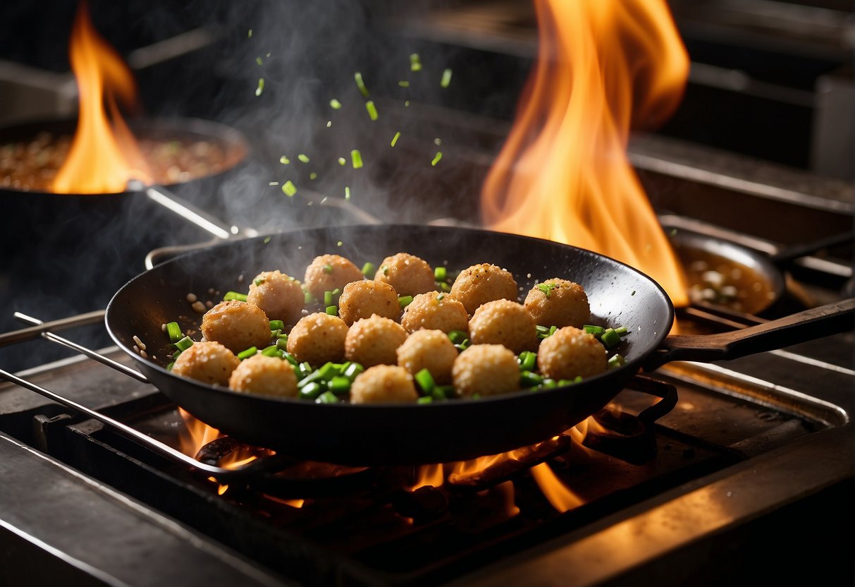 A wok sizzles as fish balls are deep-fried in hot oil. Steam rises as the golden brown balls are scooped out and placed on a plate. Soy sauce and green onions are sprinkled on top