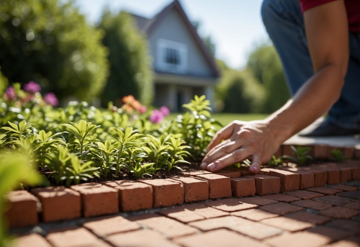 A homeowner selects red brick pavers in a herringbone pattern for their patio, surrounded by lush greenery and a clear blue sky