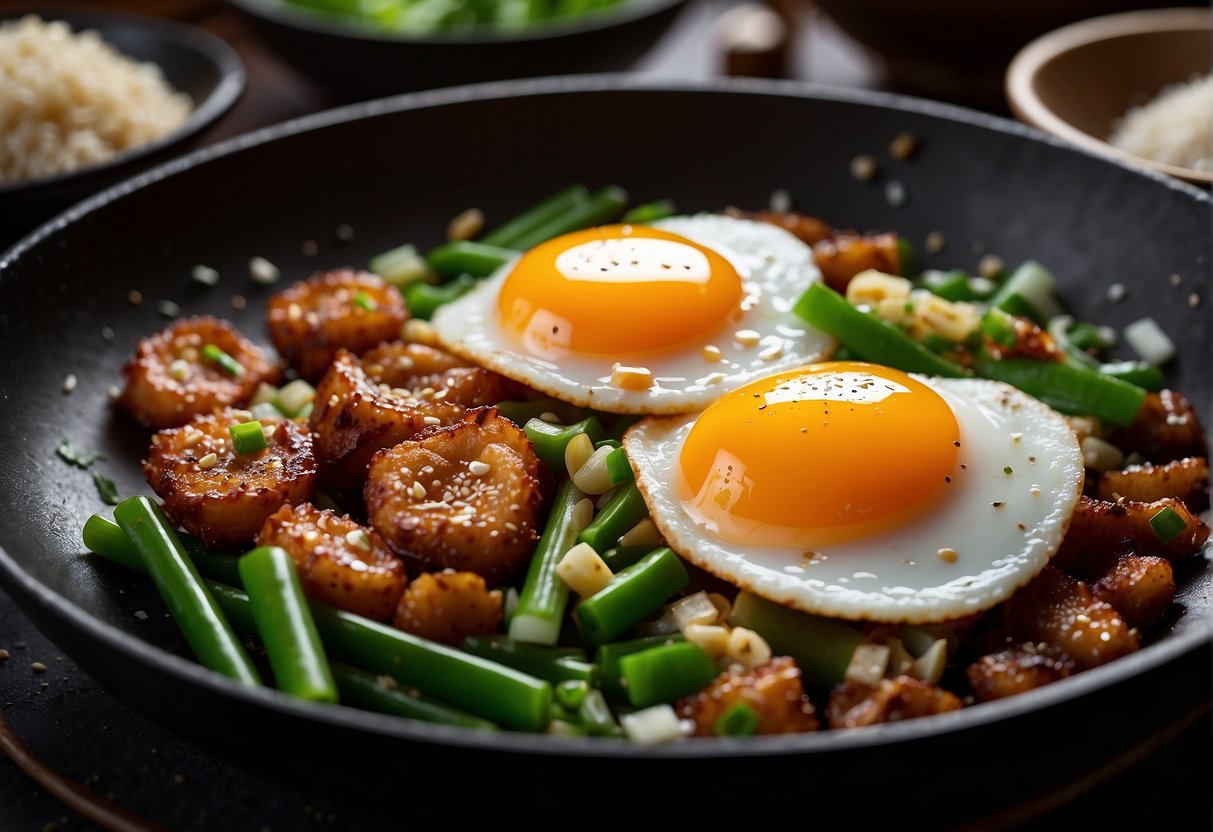 A sizzling hot wok with a crackling fried egg, surrounded by vibrant green scallions and a sprinkle of sesame seeds. A pair of chopsticks rests beside the dish