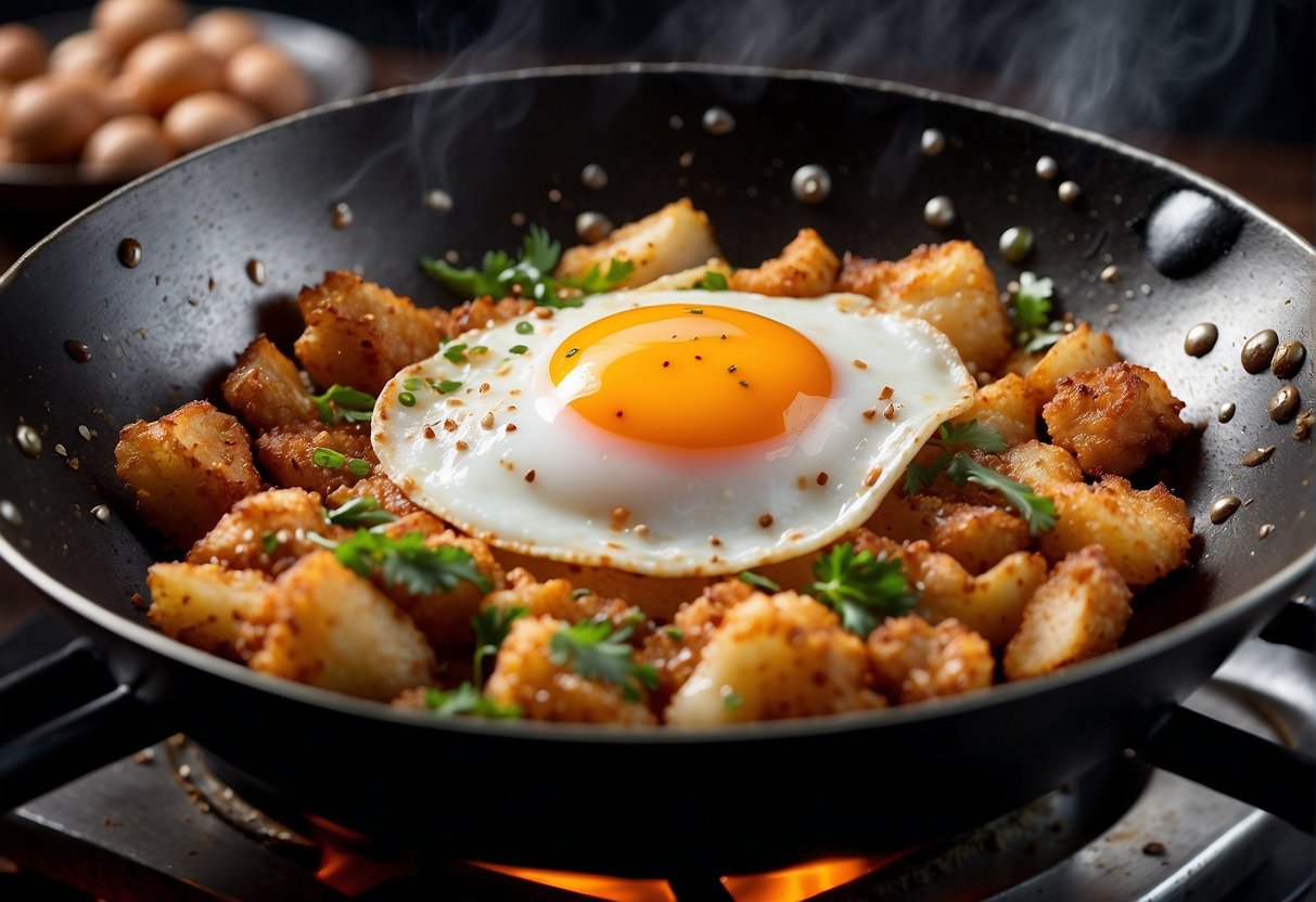 A sizzling hot wok with oil, crackling egg, and aromatic garlic and ginger, creating a mouthwatering Chinese fried egg