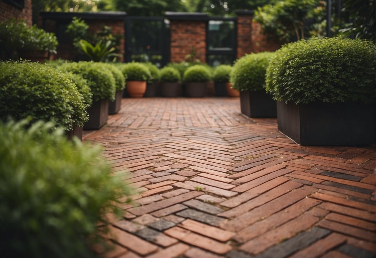 A patio with red brick pavers arranged in a herringbone pattern, surrounded by greenery. The warm tones of the bricks contrast with the lush green plants, creating a visually appealing and inviting outdoor space