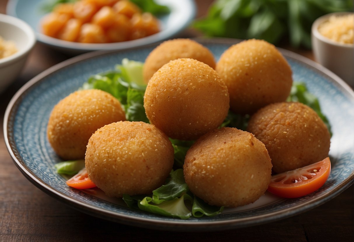 A plate of Chinese fried fish balls surrounded by ingredients like fish paste, cornstarch, and seasonings, with possible substitutions like shrimp or tofu