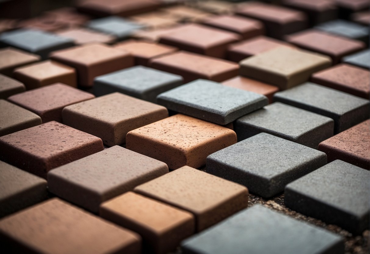 A variety of brick pavers are laid out, showcasing different sizes, shapes, colors, and patterns for assessment