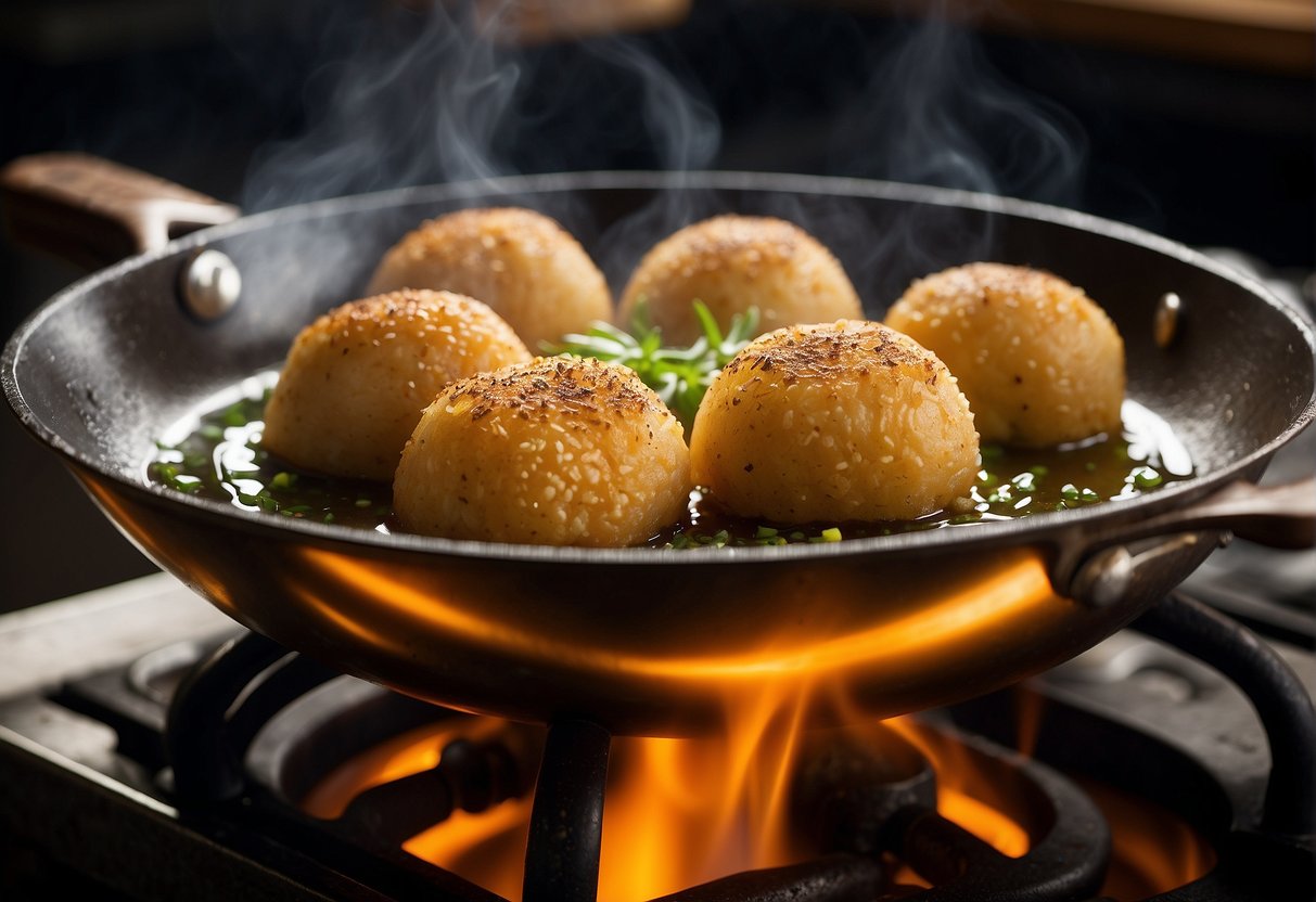 Fish balls sizzle in hot oil, turning golden brown. Steam rises as they cook, releasing a savory aroma