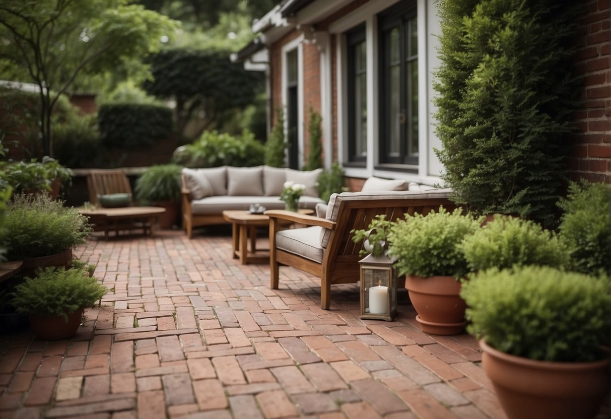 A patio with red brick pavers in a herringbone pattern surrounded by lush greenery and outdoor furniture