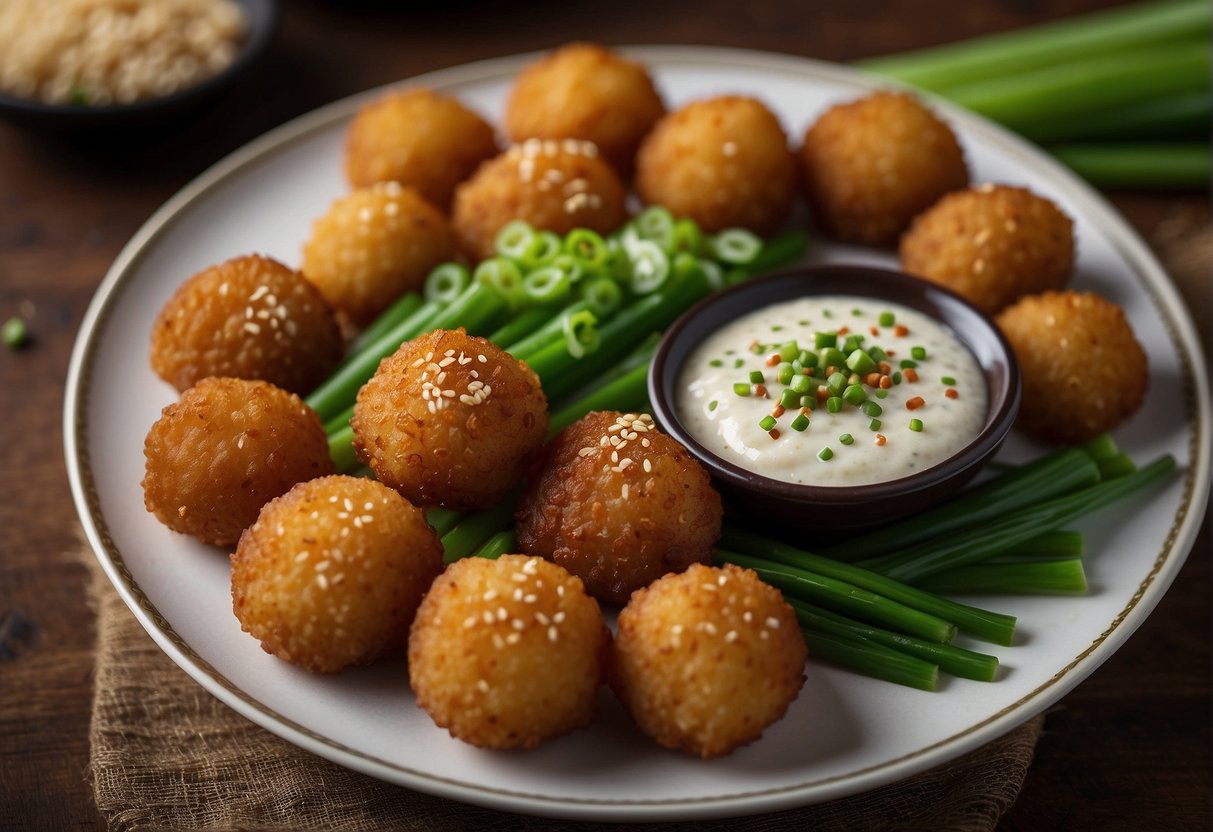 A plate of Chinese fried fish balls with dipping sauce and garnished with green onions and sesame seeds