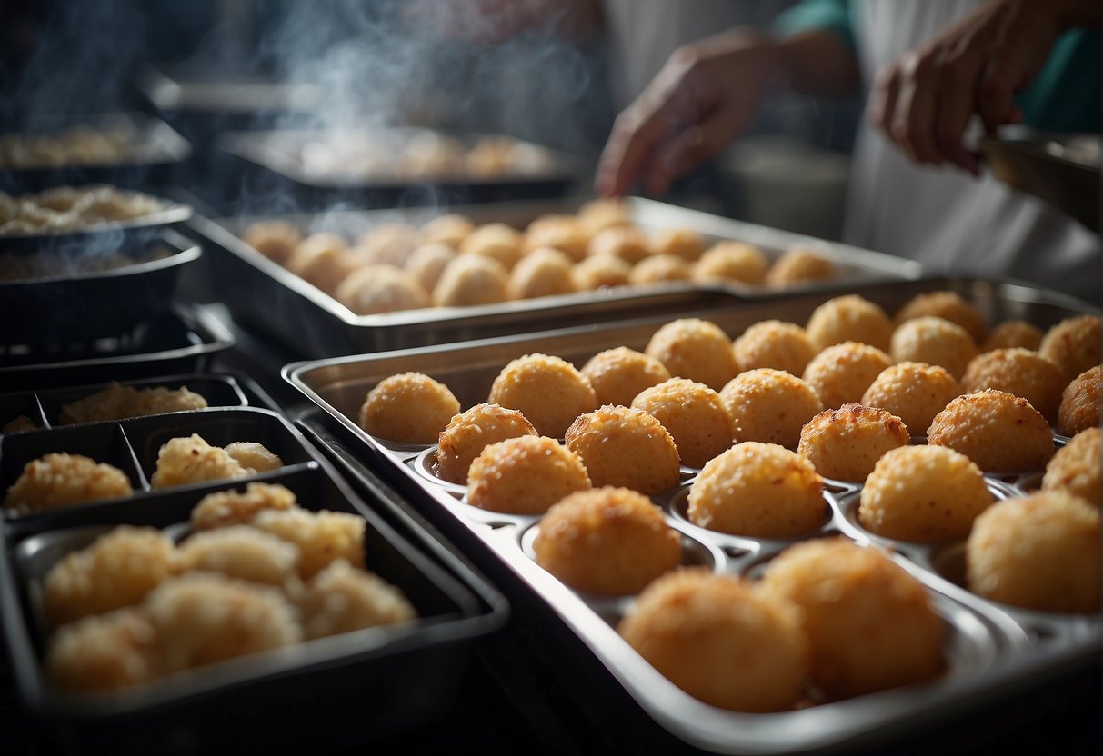 Chinese fried fish balls are being stored in airtight containers. Later, they are reheated in a pan until crispy and golden brown