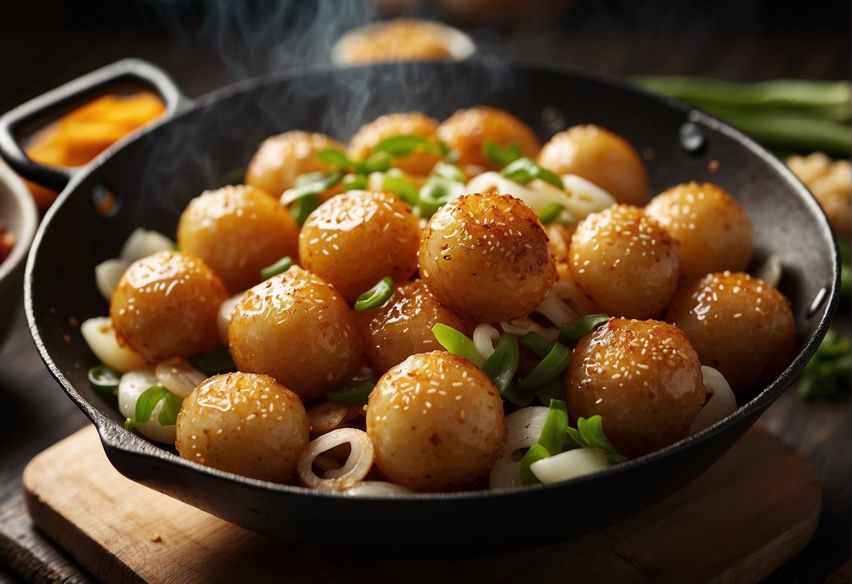 A sizzling wok fries up golden Chinese fish balls in a fragrant mix of garlic, ginger, and soy sauce