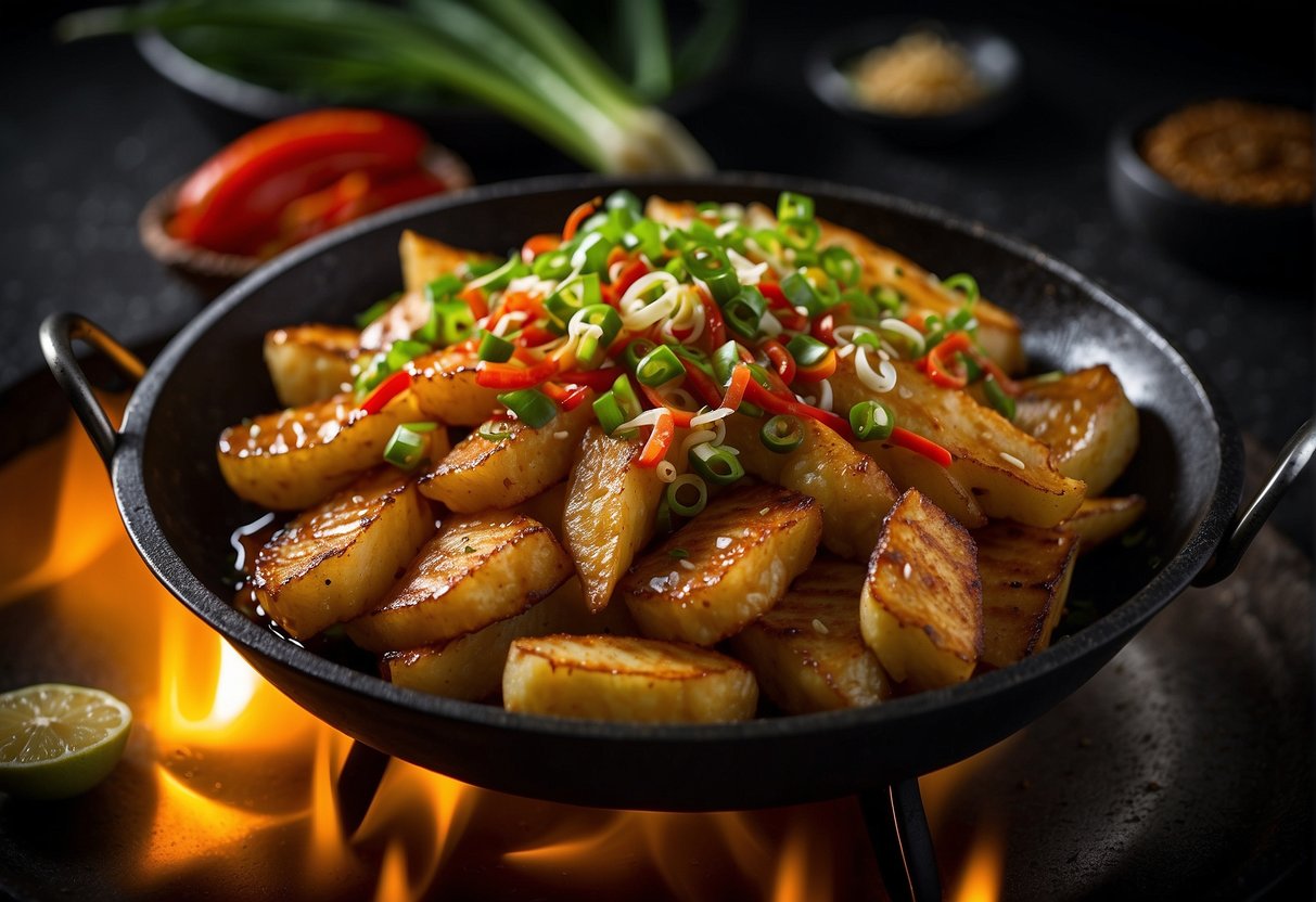 A sizzling wok fries up golden fish fillets with garlic, ginger, and soy sauce. Green onions and chili peppers add color and heat