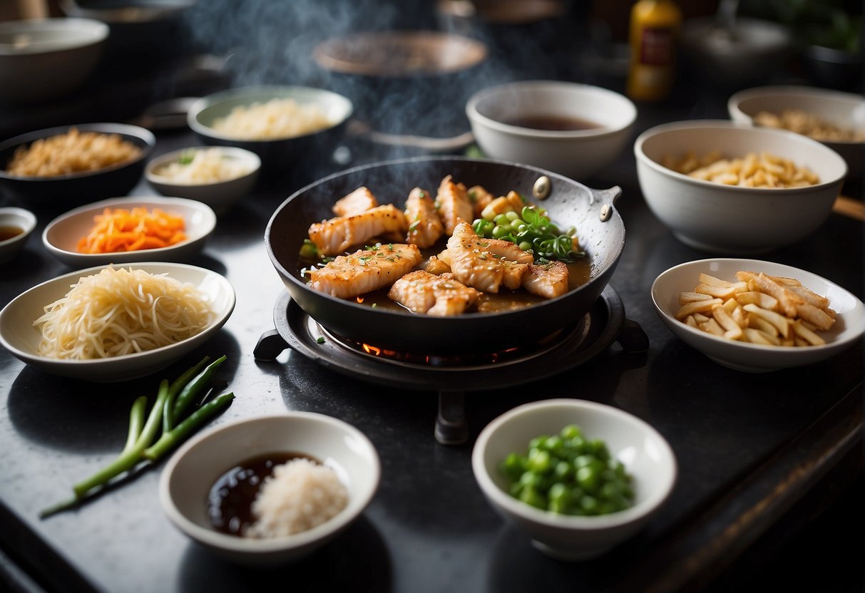 A wok sizzling with hot oil, a plate of crispy fish fillets, and bowls of soy sauce, ginger, and garlic ready for a Chinese fried fish recipe