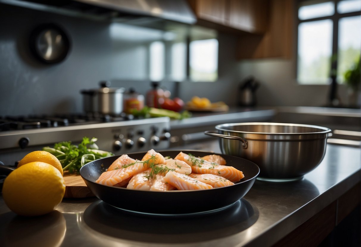 A clean kitchen counter with fresh fish fillets, bowls of seasoning, and a hot pan ready for cooking