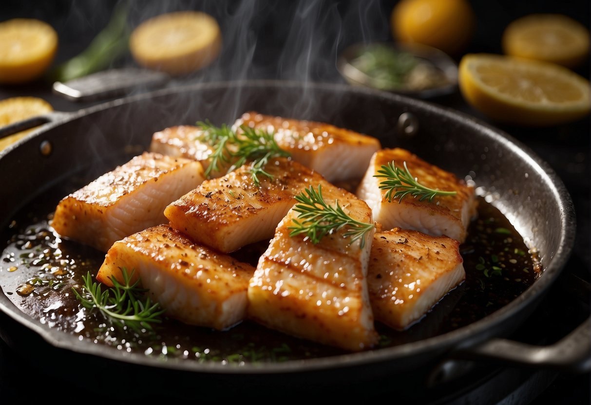 Fish fillet sizzling in hot oil, coated in batter, and turning golden brown. Sizzling sounds and aromatic smells fill the air