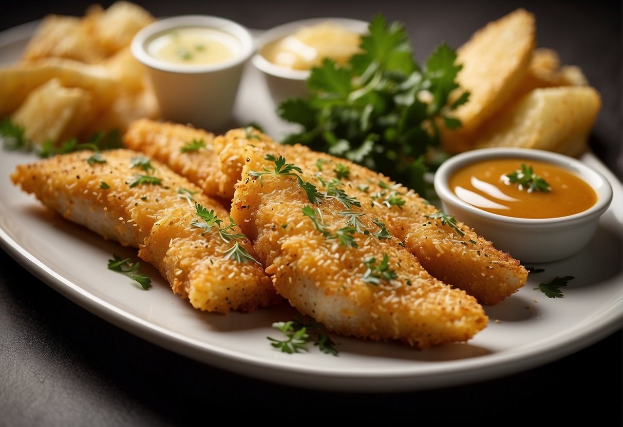 A platter of golden crispy fish fillets garnished with fresh herbs and served with a side of tangy dipping sauce