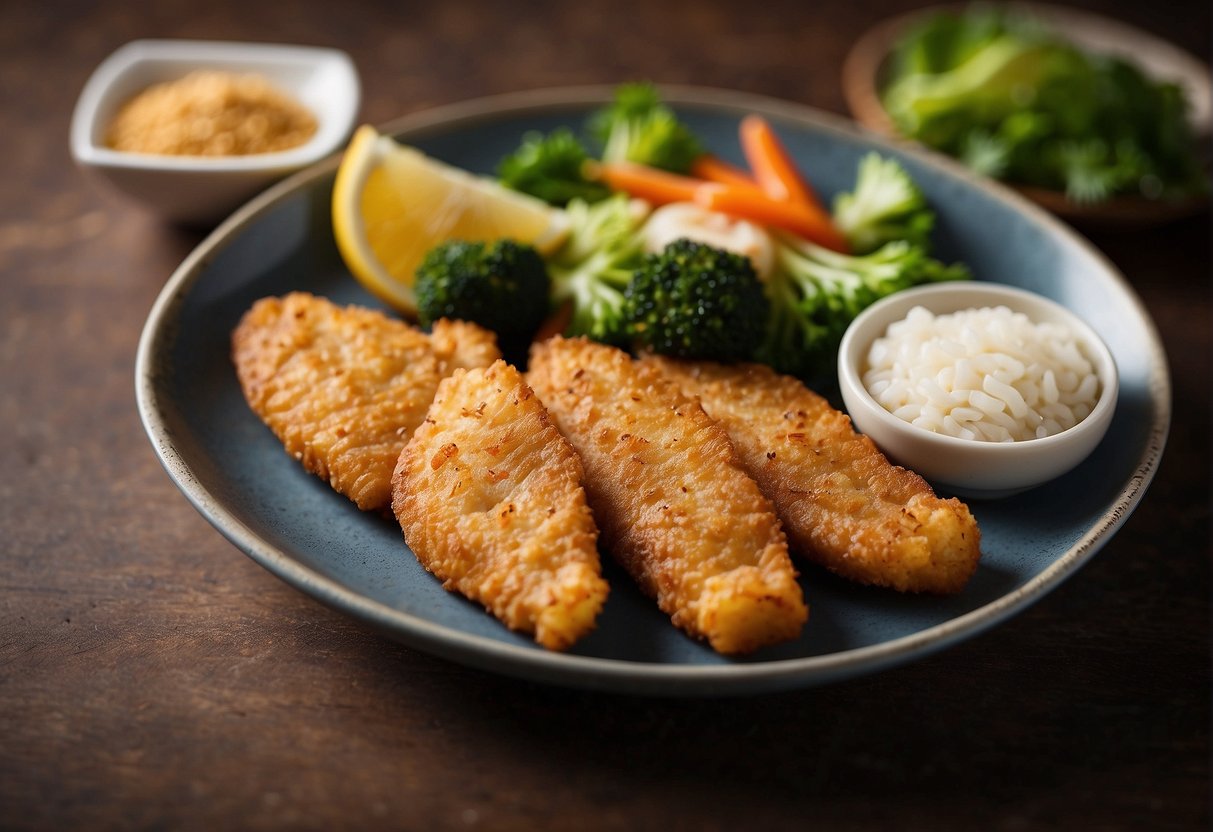 A plate of Chinese fried fish fillet with nutritional information label beside it