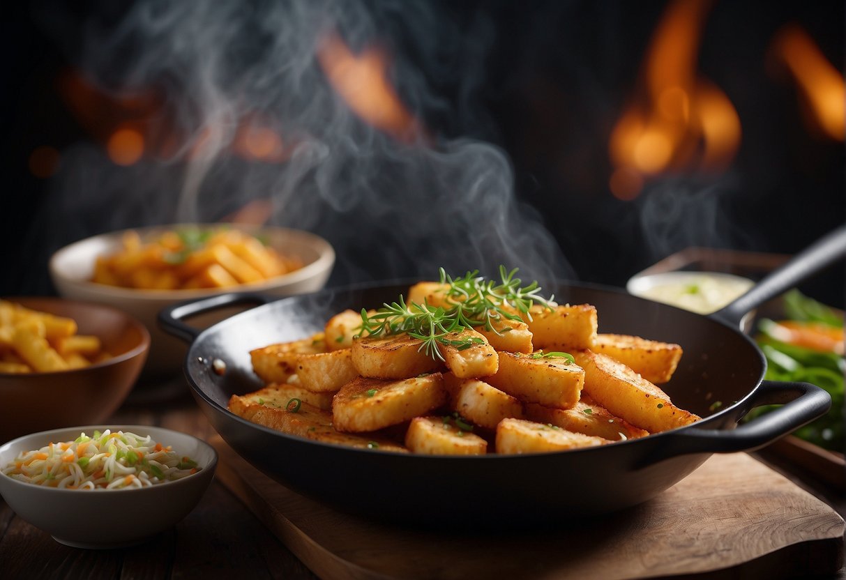 A sizzling wok fries up crispy fish fillets in a fragrant blend of Chinese spices, creating a mouthwatering dish