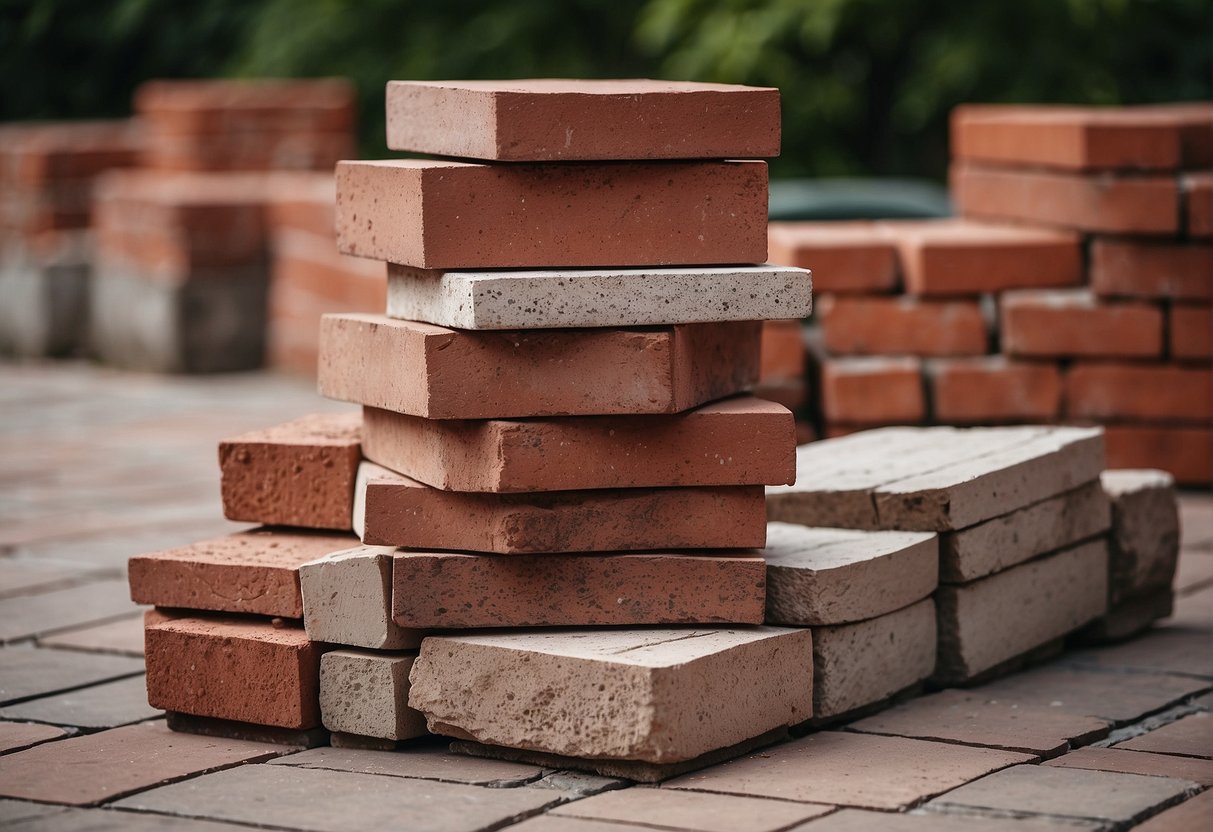 A pile of brick pavers sits next to a stack of other paving materials. The brick pavers are uniform in size and shape, with a rough, textured surface. They are a deep, earthy red color, and have a solid, durable