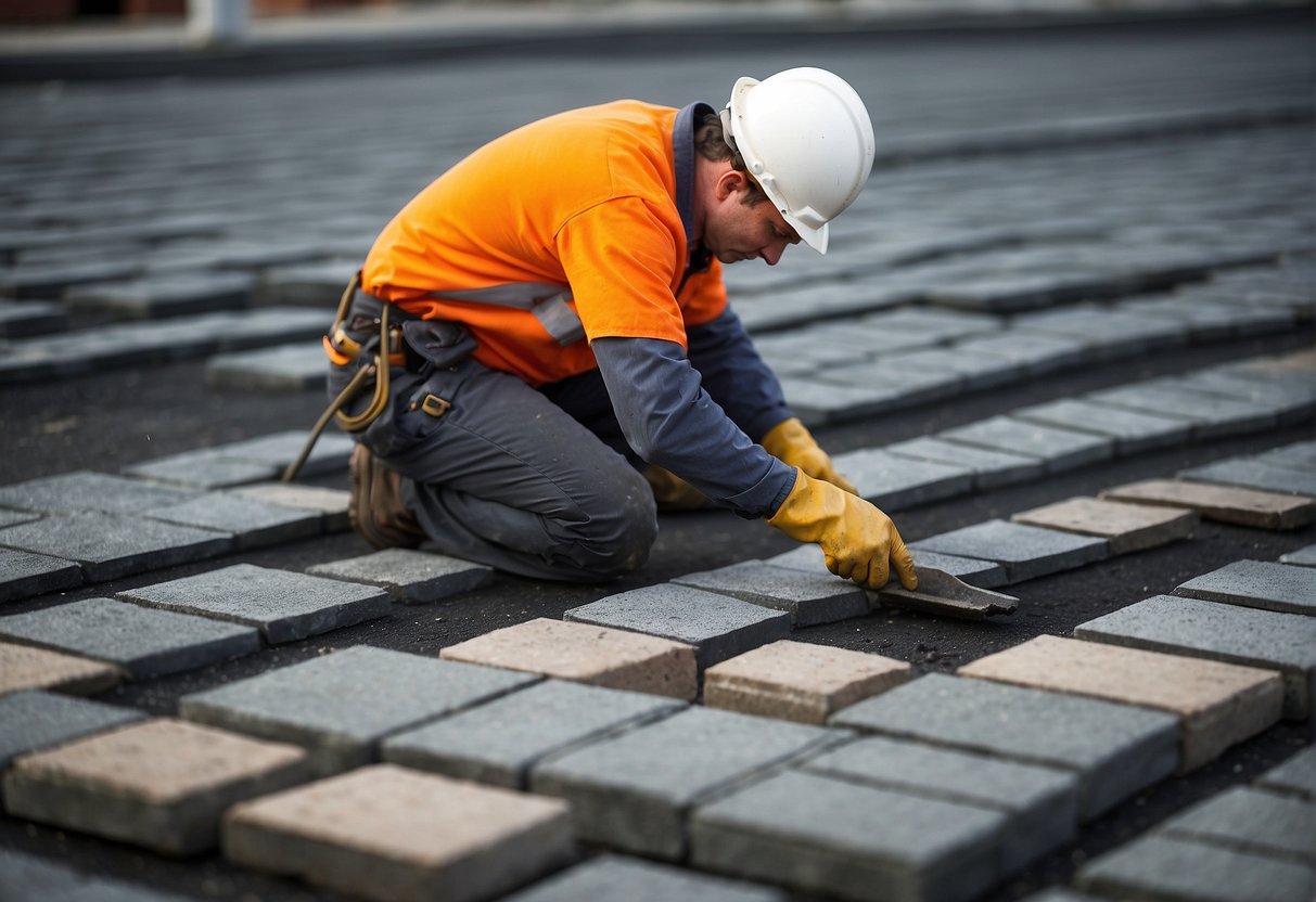 A worker lays brick pavers next to asphalt and concrete, highlighting the differences in installation and maintenance