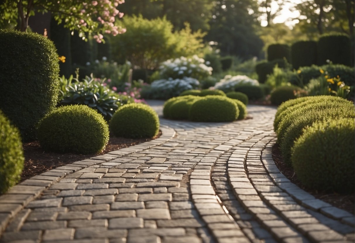 A brick paver pathway winding through a garden, contrasting with concrete and stone paths. The brick pavers are arranged in a herringbone pattern, adding a warm and traditional touch to the landscape