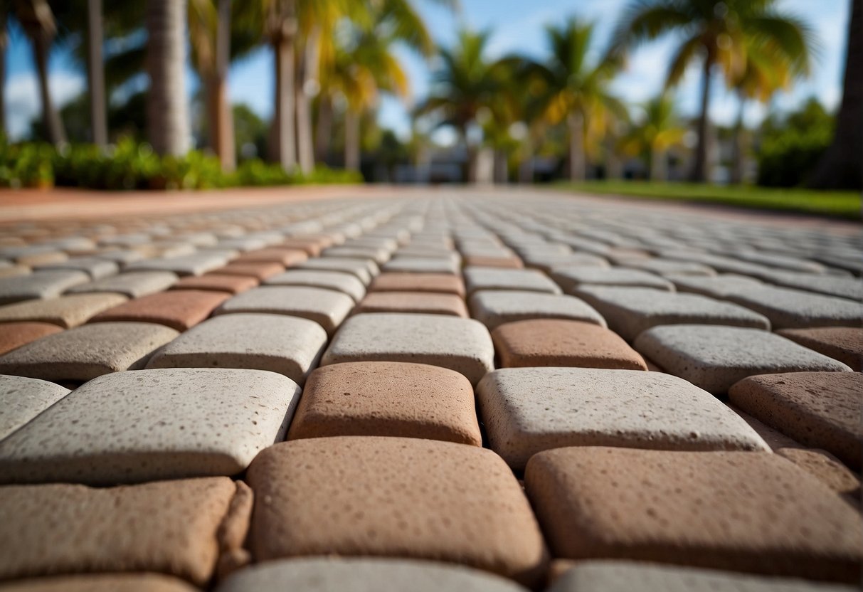 A comparison of brick and concrete pavers in Fort Myers. Brick pavers arranged in a pattern, concrete pavers in a straight line. Background of a sunny and tropical setting