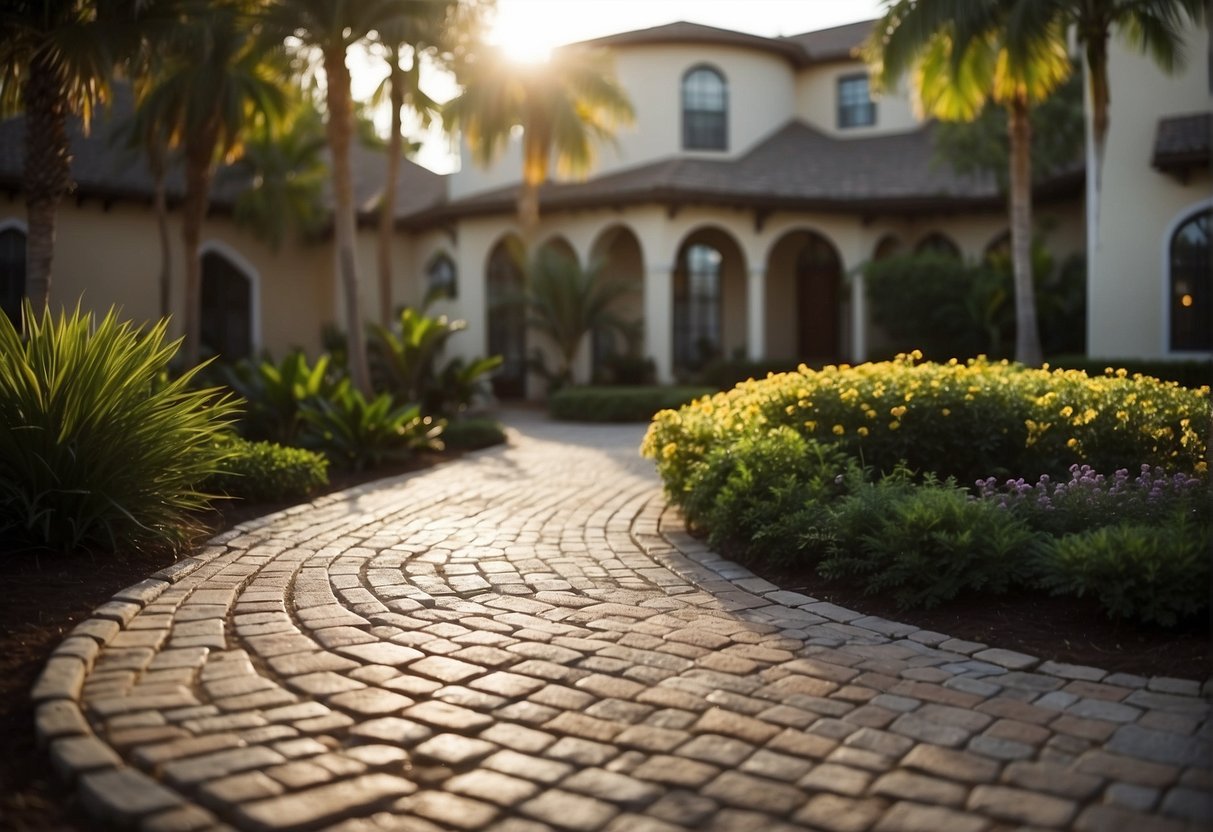 A serene garden patio with a winding path, showcasing the contrast between brick and concrete pavers under the warm Fort Myers sun