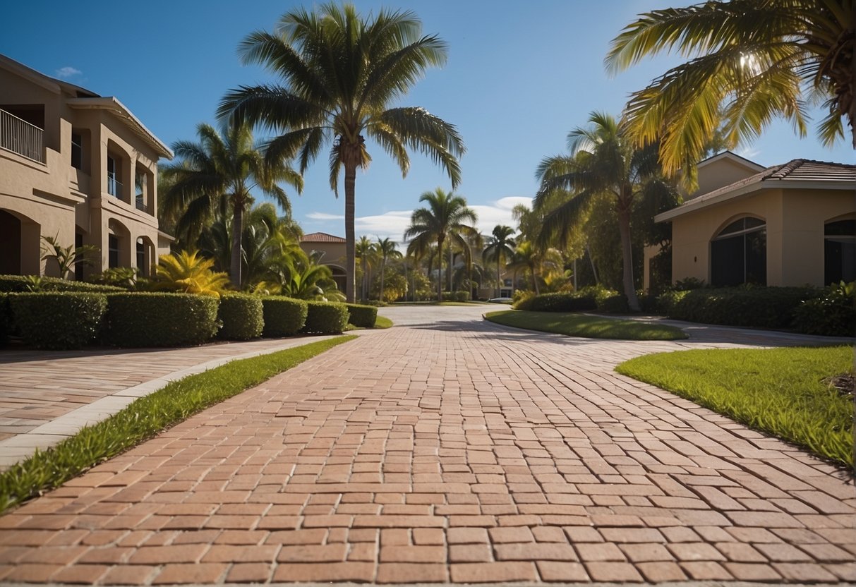 A sunny day in Fort Myers, Florida. A driveway with brick and concrete pavers side by side. Lush greenery and palm trees in the background