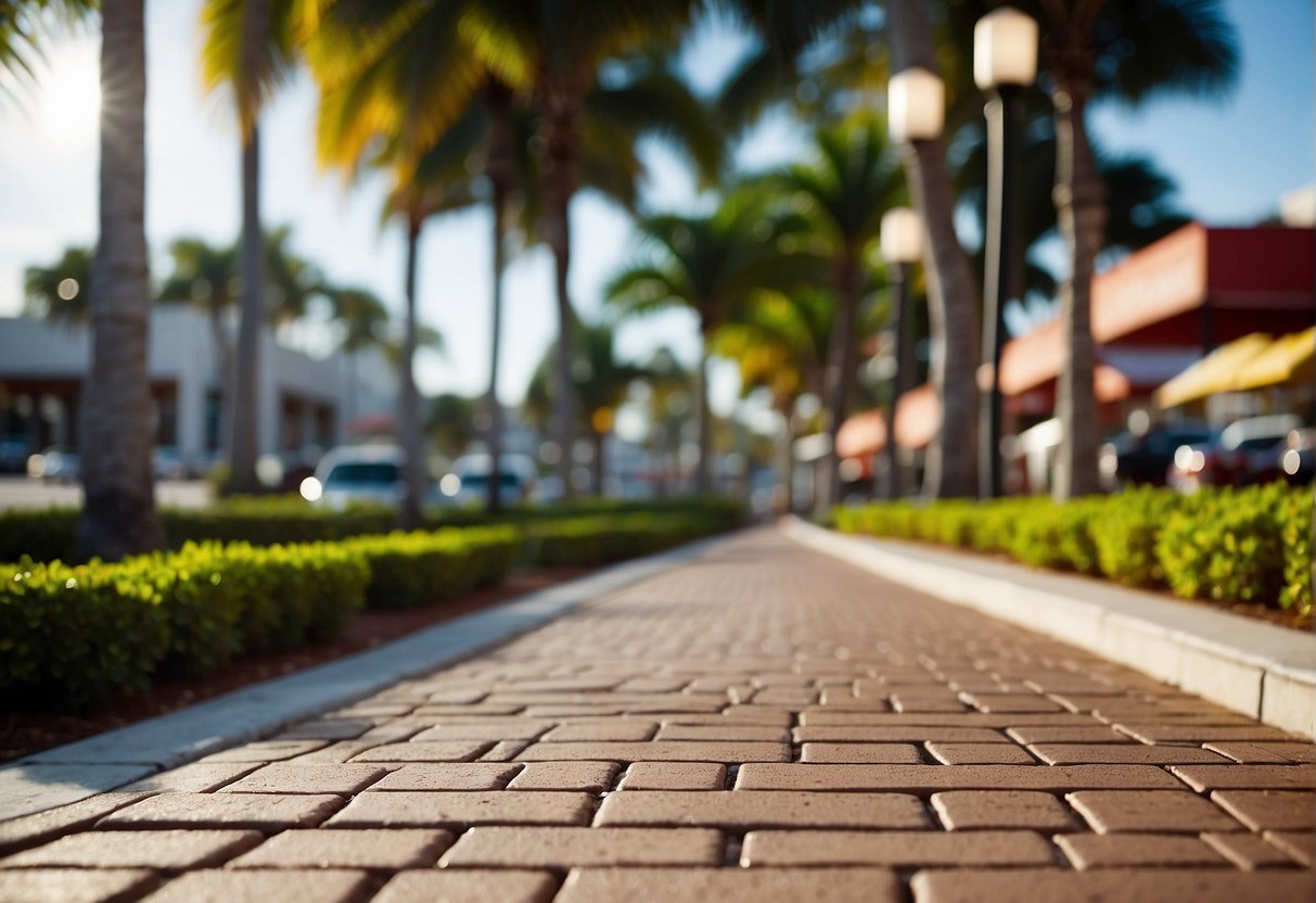 A bustling Fort Myers street with brick and concrete pavers. Shops and restaurants line the road, while cars and pedestrians navigate the durable, low-maintenance surfaces