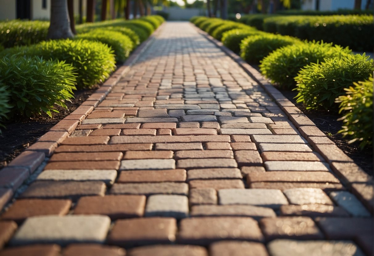 A paved walkway in Fort Myers, with neatly laid brick pavers surrounded by lush greenery and a clear blue sky above