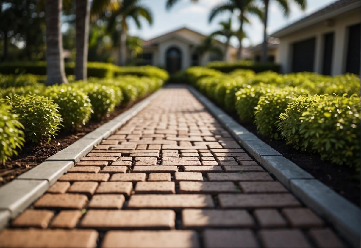 A variety of brick pavers arranged in a sustainable pattern, surrounded by lush greenery and solar panels in Fort Myers