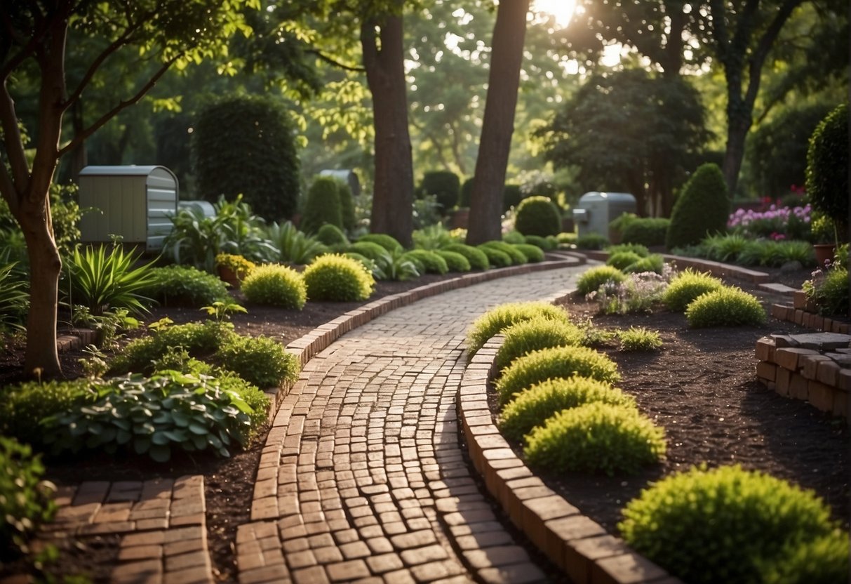 A landscaped pathway of brick pavers winding through a lush garden, with rain barrels collecting water for irrigation. Solar-powered lights illuminate the sustainable design