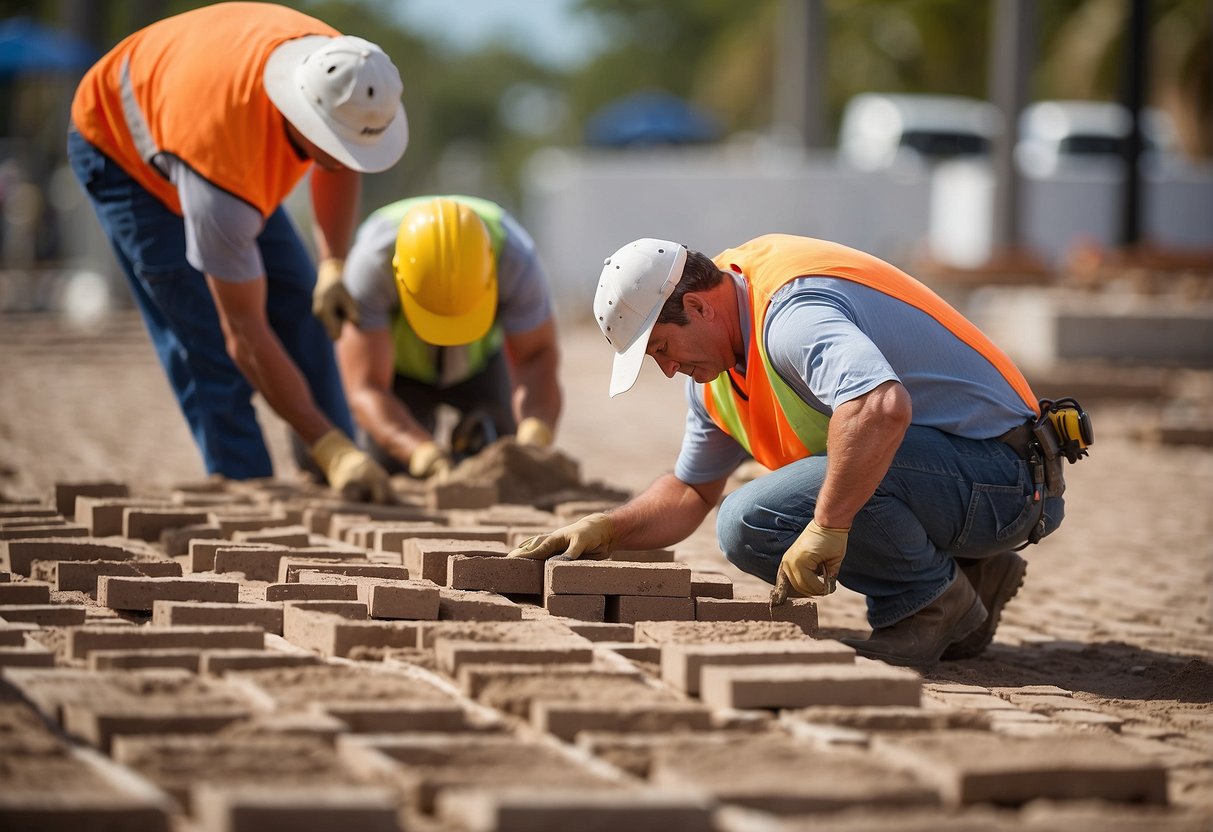 A crew lays brick pavers in a precise pattern, using sustainable practices in Fort Myers. Sand and gravel are leveled before each brick is carefully placed