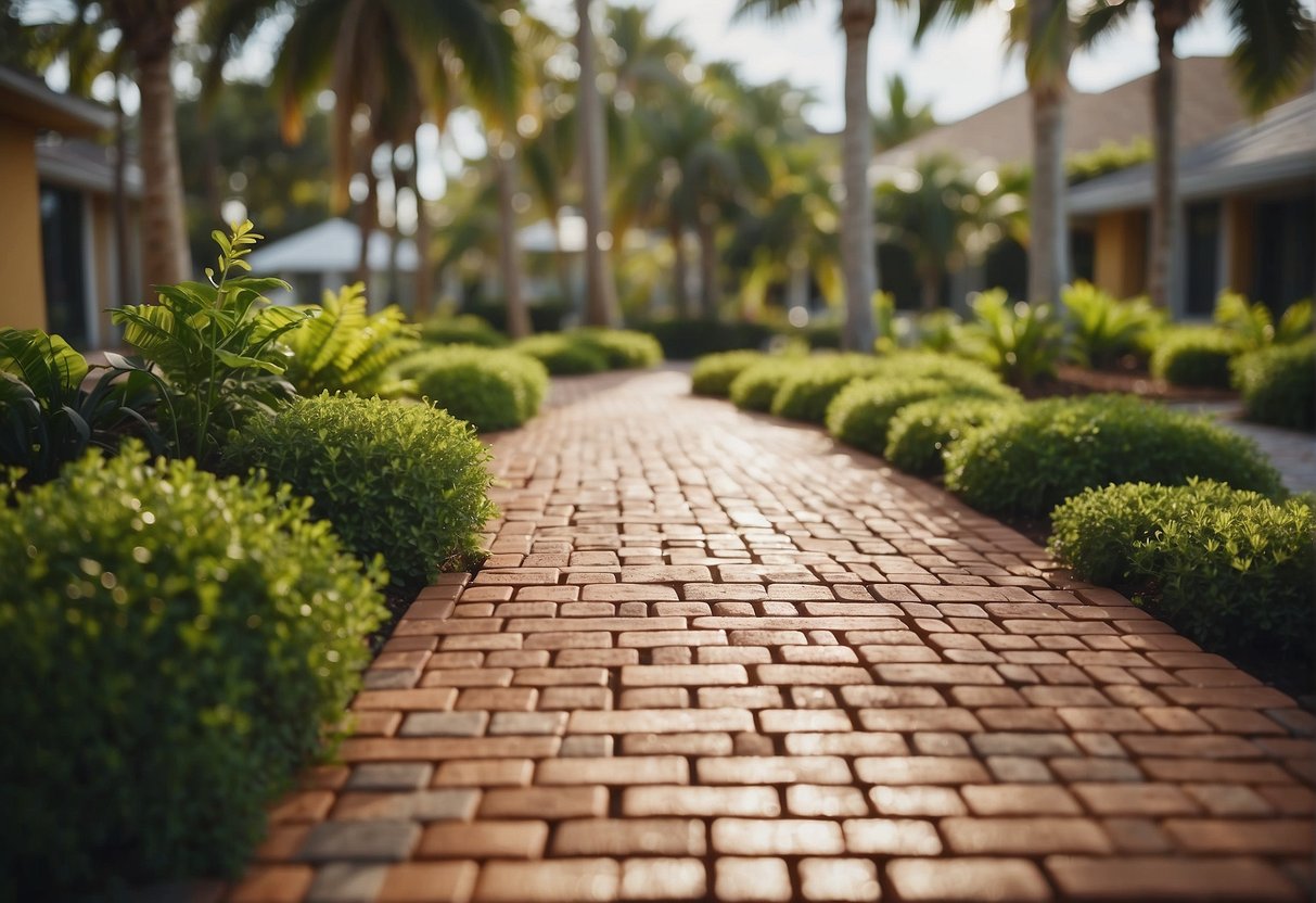 Brick pavers laid in a sustainable pattern, surrounded by greenery and eco-friendly materials in Fort Myers