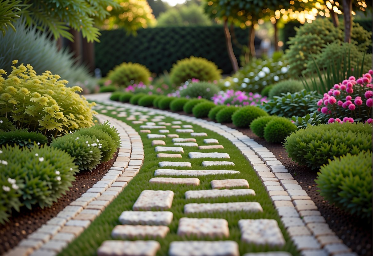 A garden with stone pavers creating a path and patio, surrounded by lush greenery and flowers. The stone pavers provide a natural and durable surface for outdoor landscaping