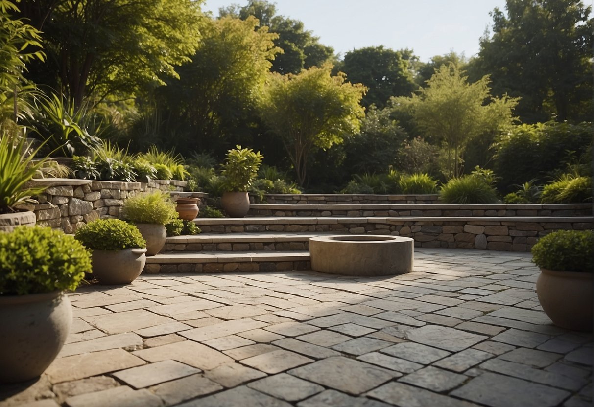 A patio with stone pavers surrounded by lush greenery, showcasing the durability and natural beauty of stone for landscaping