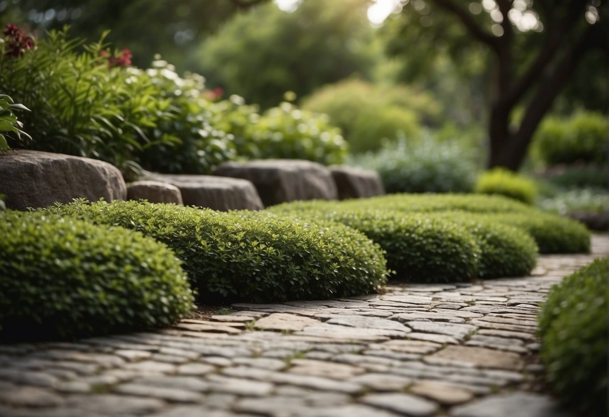 A stone paver pathway winds through a lush garden, showcasing its durability against the elements. Minimal maintenance is evident, with no signs of wear or damage