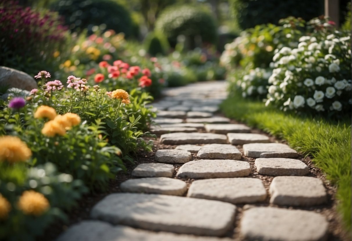 A garden pathway lined with stone pavers, surrounded by lush greenery and vibrant flowers, creating a visually pleasing and durable landscaping feature