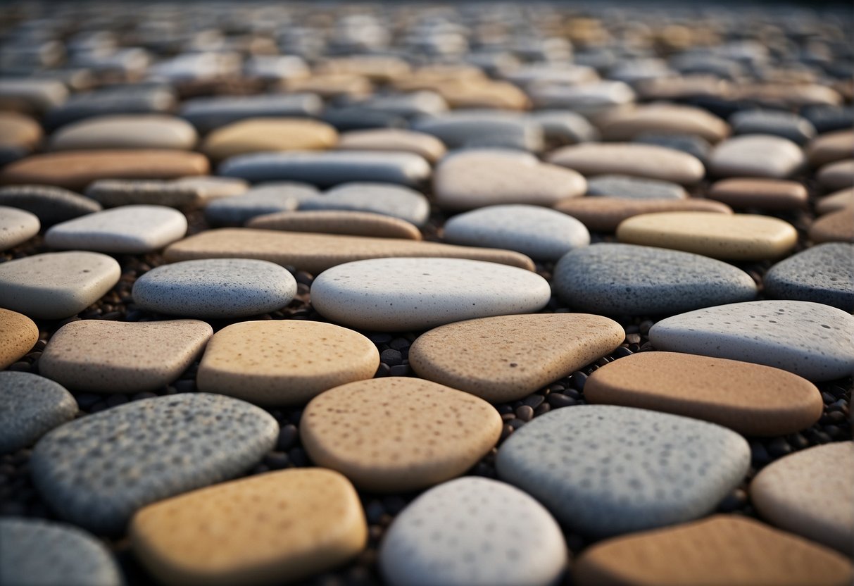 Various stone pavers arranged in outdoor spaces, including cobblestone, flagstone, and brick, creating a diverse and visually appealing landscape