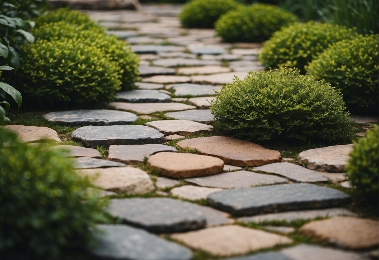 Various stone pavers arranged in a pattern on an outdoor surface, surrounded by greenery and natural elements