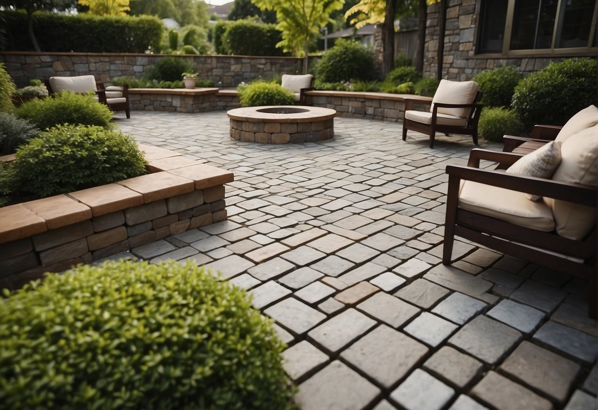 A variety of stone pavers arranged in a geometric pattern on a patio, surrounded by lush greenery and outdoor furniture