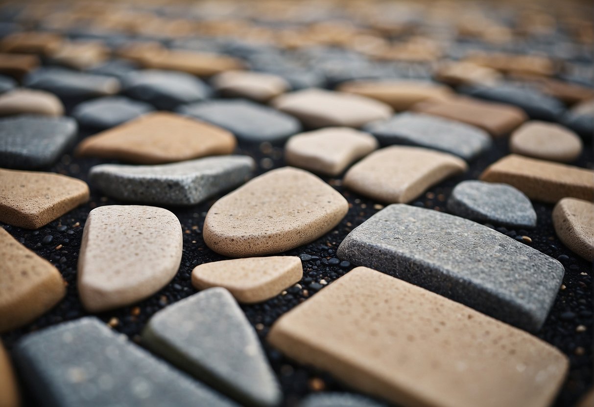 Various stone pavers being laid out in a pattern for outdoor use. Sand and gravel are scattered around the area