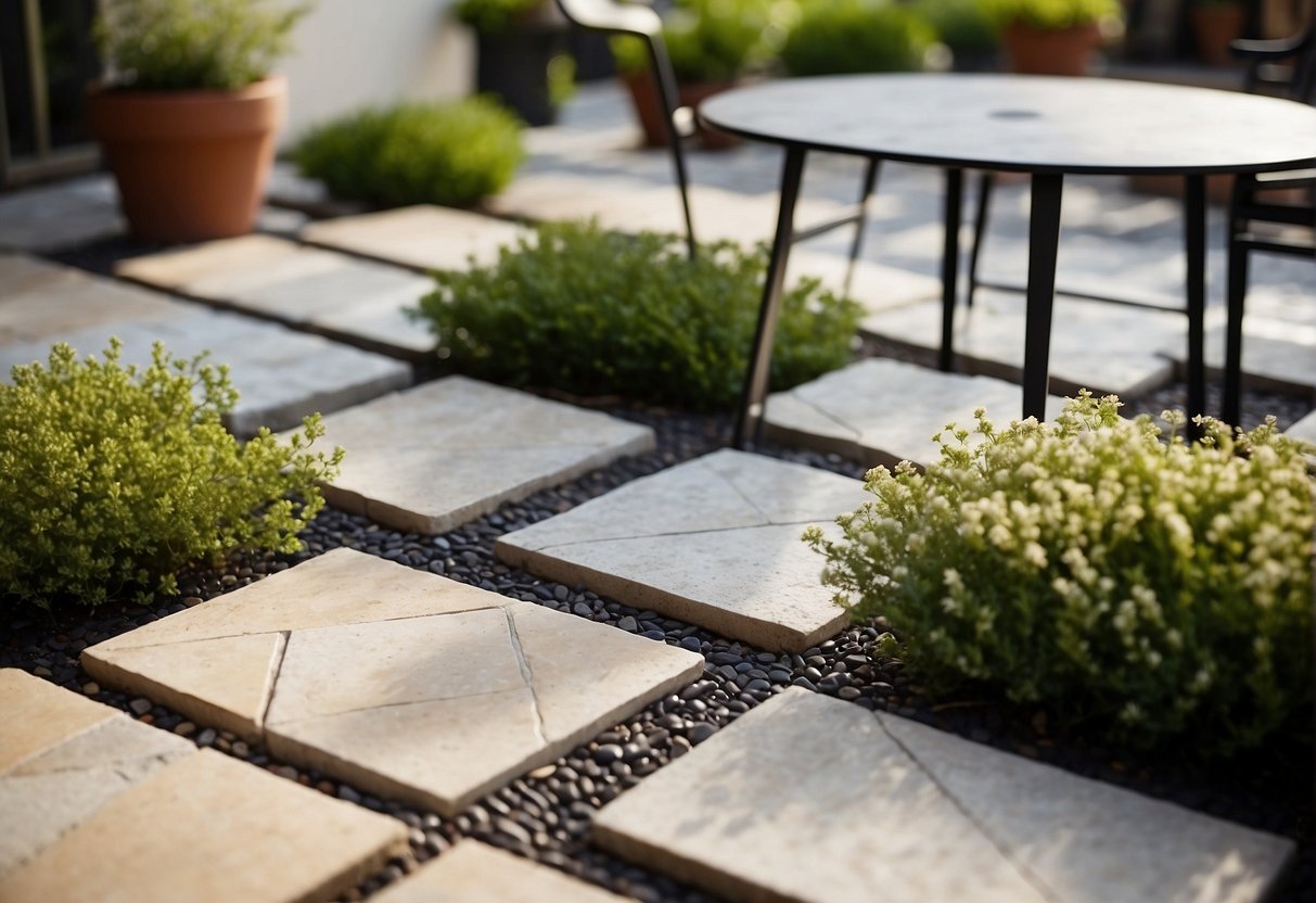 A variety of stone pavers laid out in different patterns, with labels indicating their types. A patio with furniture and plants in the background