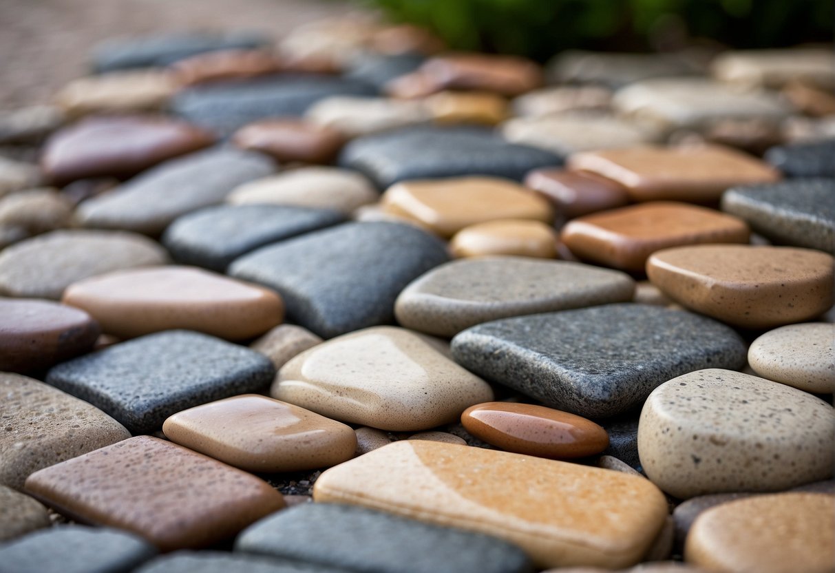 A variety of stone pavers are arranged on a patio, each with different textures and colors. Some are smooth and others are rough, creating a visually interesting and diverse surface