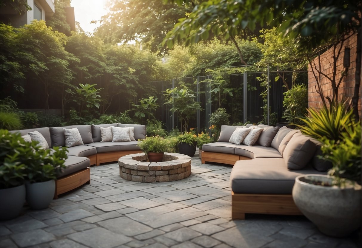 A patio with stone pavers arranged in a geometric pattern, surrounded by lush greenery and a cozy seating area