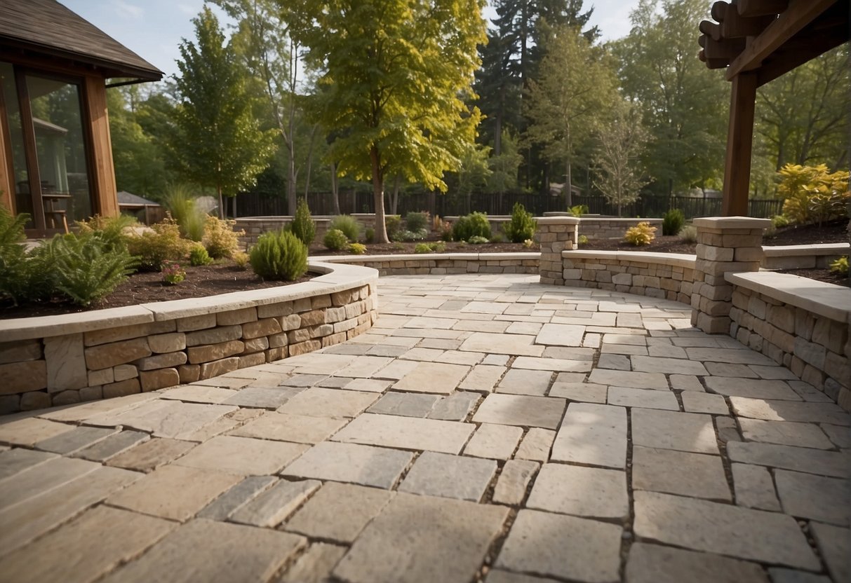 A patio with stone pavers being installed, showing the selection and placement process. Sand and gravel base visible. Surrounding landscape with trees and plants