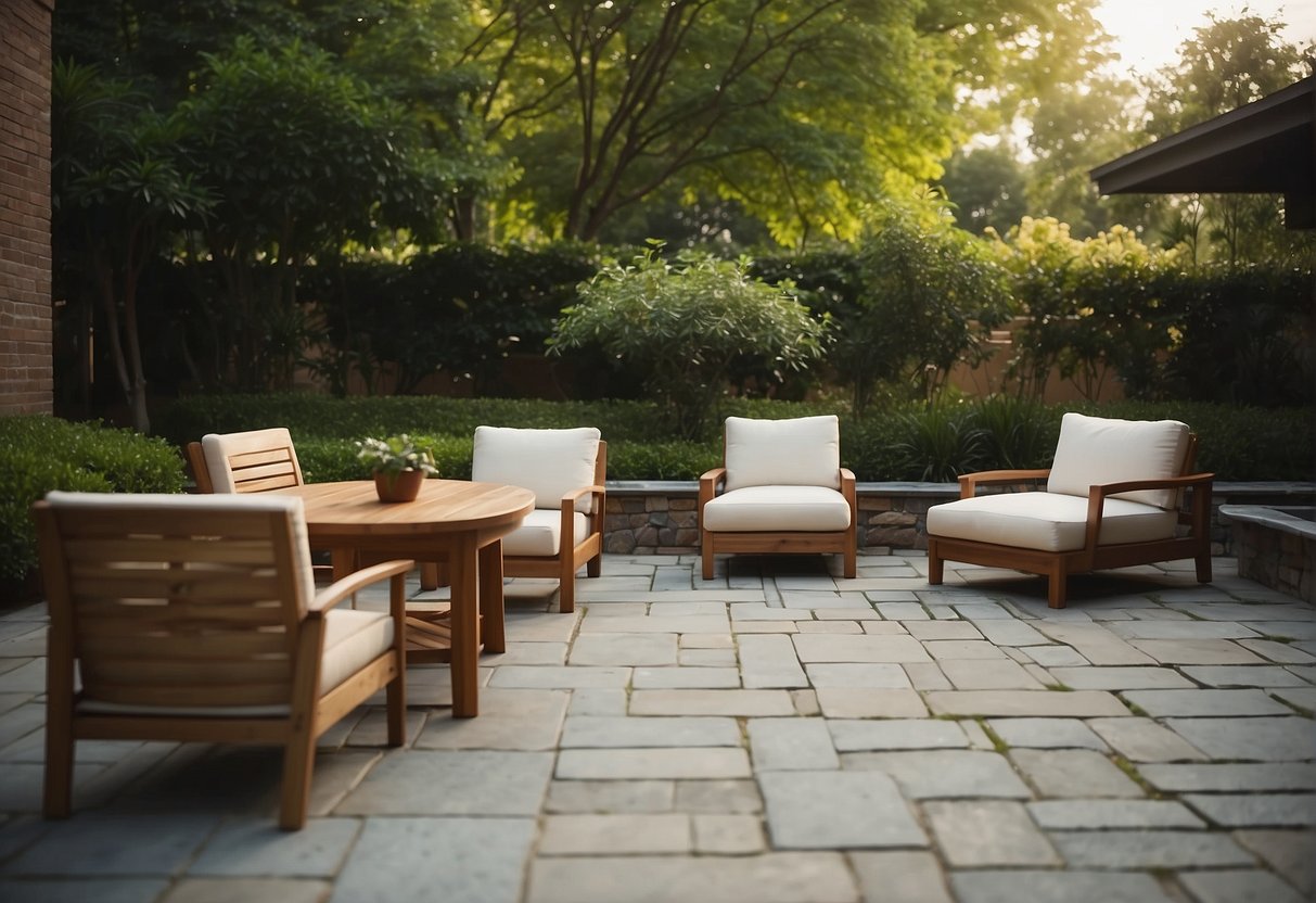 A patio with carefully arranged stone pavers, surrounded by lush greenery and complemented by comfortable outdoor furniture