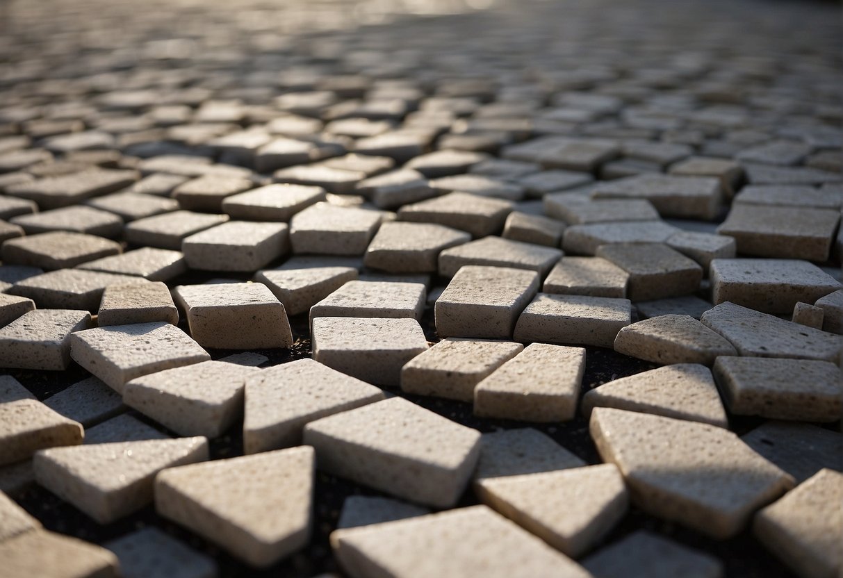 Stone pavers being laid in a neat, interlocking pattern on a prepared surface in Fort Myers. Tools and materials nearby for the installation process