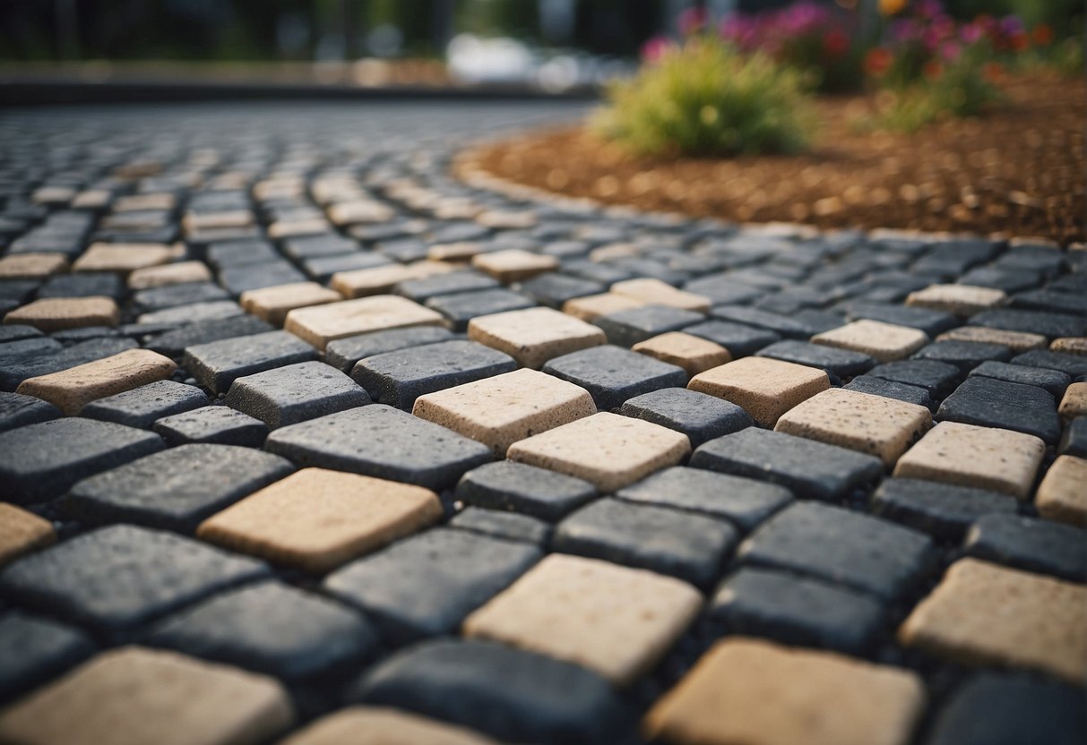 Stone pavers laid out in a geometric pattern on a level and compacted base with sand and gravel underneath. Surrounding area cleared of debris and marked for precise placement