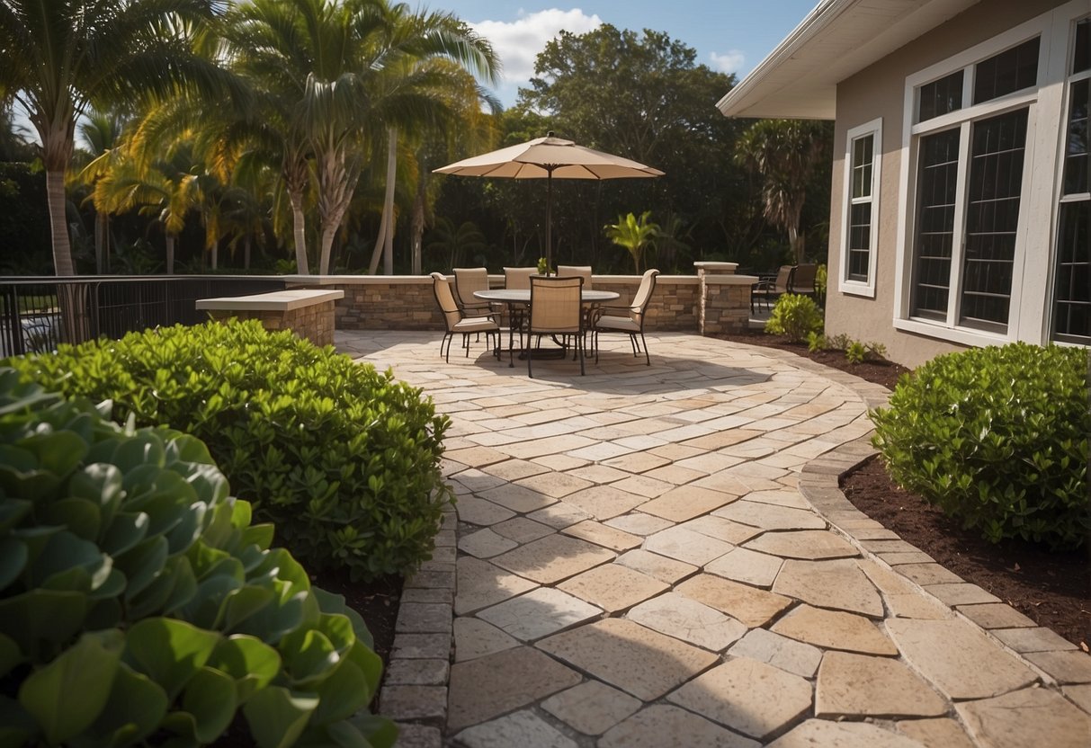 A patio with stone pavers in Fort Myers, arranged in a geometric pattern with lush greenery and outdoor furniture, creating a welcoming and functional outdoor space