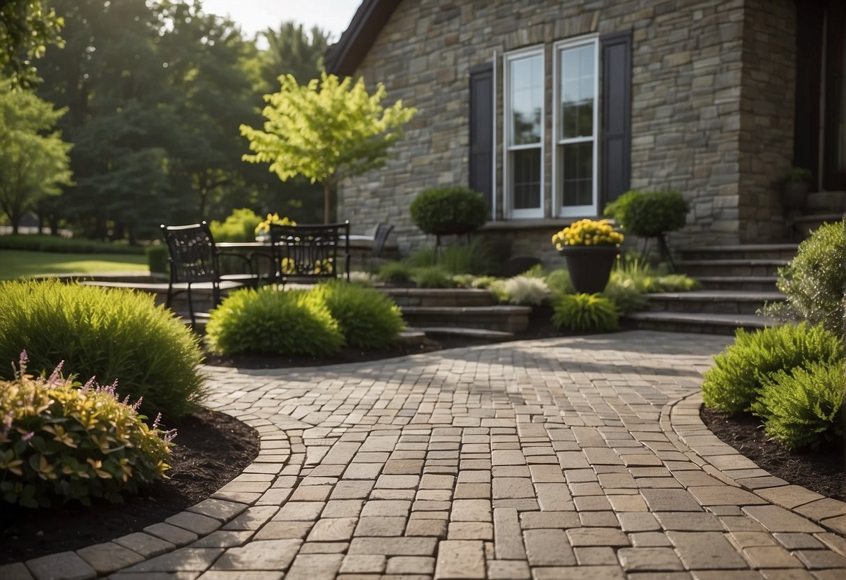 A clean, well-maintained stone paver patio, with a clear pathway and surrounding landscaping, showcasing dos and don'ts for maintenance